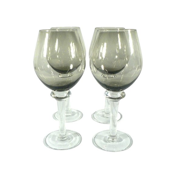 Wine Glass Goblet Smoked Gray Clear Stem Set of 4 Vintage Glassware 10" - Picture 6 of 15